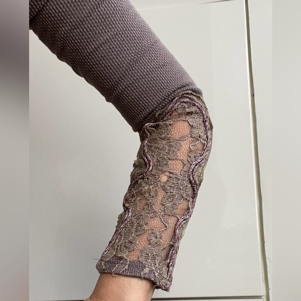 Free People Taupe Long Sleeve Scoop Neck Top with Lace Elbow Detail